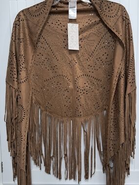 Chico's Tan Faux-Suede Laser-Cut Fringe Wrap